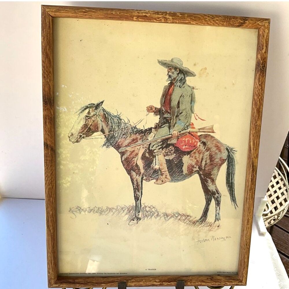 Vintage Cowboy on Horse framed Lithograph Frederic Remington A Trapper